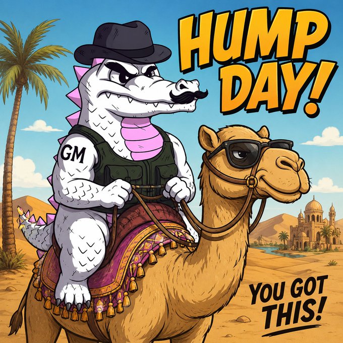The image shows a cartoon character, possibly a crocodile or an alligator, riding a camel across a desert landscape wearing a hat and sunglasses. The character appears to be enjoying its time on the camel. On top of the camel, there is a small sign that reads "Hump Day!" in white letters, with another banner underneath that says "you got this!". This suggests that the scene depicts a humorous or playful moment where the cartoon characters are celebrating hump day together.