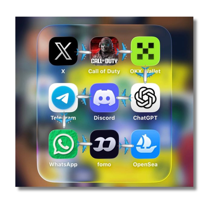 The image displays a smartphone home screen featuring apps like X, Call of Duty, OKX Wallet, Telegram, Discord, ChatGPT, WhatsApp, fomo, and OpenSea, with small airplane graphics suggesting travel between apps. The post humorously implies the creator has been "traveling" between apps all week and wants Pump Fun to sponsor them in exchange for replacing the "fomo" app, playing on the airplane theme between icons.