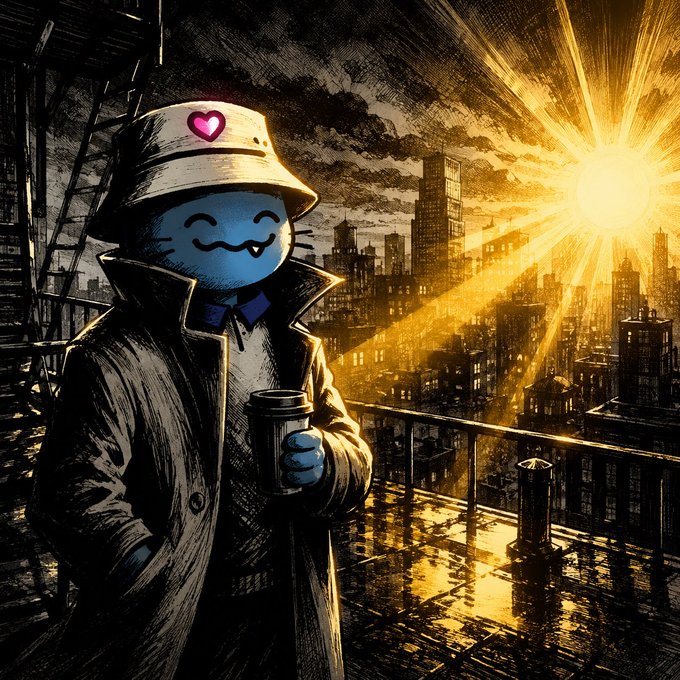 Dark, ink-wash style artwork of a blue smiling character wearing a bucket hat with a pink heart and a trench coat, holding a coffee cup against a dramatic sunset cityscape.