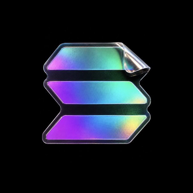 A holographic Solana (SOL) sticker with an iridescent purple-to-teal gradient, peeled at the corner against a black background.