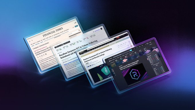 The image shows four different screens, each displaying a news article from various sources such as Financial Times, Wired, Forbes, and Business Insider. The screens are arranged vertically with one at the top left corner, another at the bottom right corner, and two more in the middle of the screen. Each screen has its own unique layout and content, providing diverse perspectives on current events and news stories. The image also includes a caption that reads "Big week for Raydium and Solana." This suggests that there might be an important event or development related to these companies taking place during this time period.