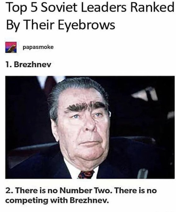 A meme titled "Top 5 Soviet Leaders Ranked By Their Eyebrows" features a photo of Leonid Brezhnev at #1, with the #2 spot stating "There is no Number Two. There is no competing with Brezhnev." The post seems unrelated to the image, instead being a morning greeting referencing a family tree token ($MfT).