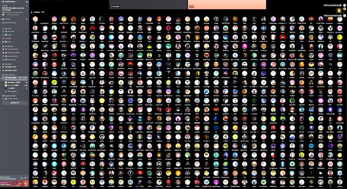 A dark-themed digital asset gallery interface displaying hundreds of colorful circular icons, planets, and character avatars arranged in a dense grid.