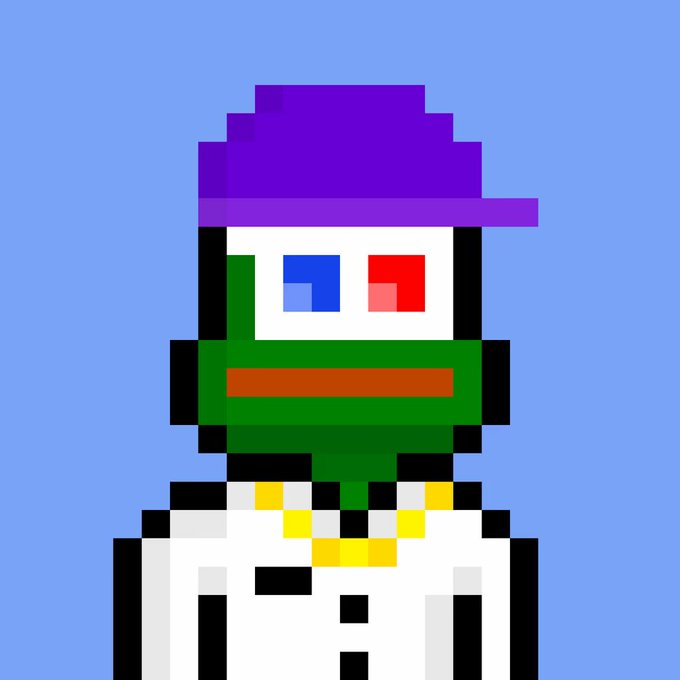 A pixel art illustration shows a green-skinned character with a purple hat, one blue and one red eye (suggesting 3D anaglyph glasses), and a brown mouth against a light blue background.