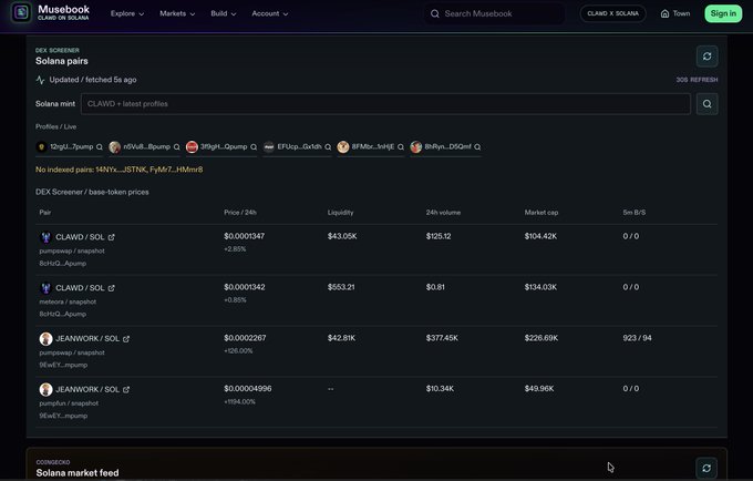 A Musebook DEX screen displaying Solana pairs including CLAWD/SOL, JEANWORK/SOL showing various token prices and 24h volumes.