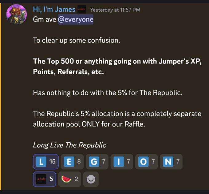 A Discord message from user 'James' posted at 11:57 PM clarifies that 'The Top 500' and Jumper's XP, Points, and Referrals are unrelated to The Republic's 5% allocation, which is exclusively for their Raffle.