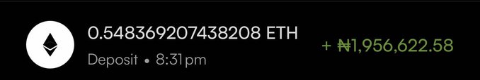 A cryptocurrency deposit notification showing a receipt of 0.548369207438208 ETH (worth approximately $1,956,622.58) added to a wallet at 8:31pm, displayed with the Ethereum logo. The image relates to the post "Spenda addys?" (likely asking for spending addresses) by showcasing a new incoming ETH deposit that would require a destination address for any subsequent transactions.