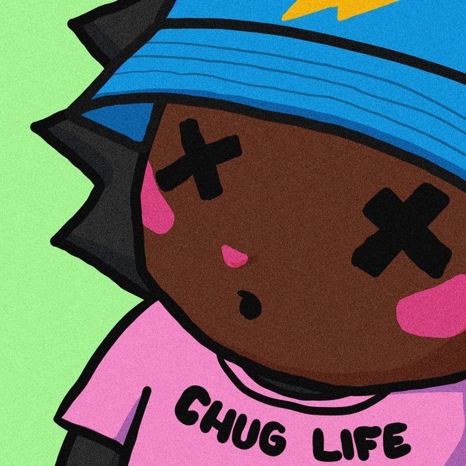 A cartoon illustration of a character with X's for eyes wearing a blue headband and a pink 'CHUG LIFE' shirt against a green background.