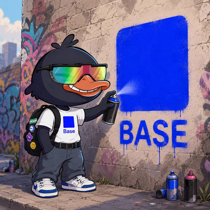 The image features a cartoon duck wearing sunglasses, holding a can of spray paint, and standing next to a graffiti-covered wall with the word "base" written on it. The caption below the image reads "My daily check in on @base : Open @basedgm_ : basedgm.fun Send daily GM and BM. More GM = More Active Days = More $BASE".