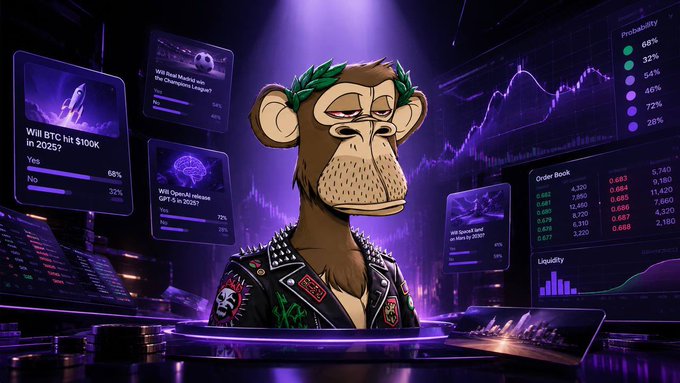 A grumpy punk-rock monkey wearing a laurel wreath and studded leather jacket sits surrounded by purple-lit trading screens displaying prediction markets, including "Will BTC hit $100K in 2025?" at 68% Yes, alongside probability charts, order books, and liquidity data. The image visualizes the post's theme of a creator economy for prediction markets, where the monkey embodies the trader/creator shaping outcomes on platforms like XO Market.
