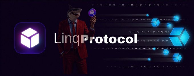 The image is a promotional banner for LinqProtocol, featuring a suited figure with a shark mask holding a glowing purple icon, alongside the "LinqProtocol" text and a 3D cube logo against a dark background with floating cubes and binary code.

The banner visually reinforces the post's announcement by showcasing the LinqProtocol brand identity, symbolizing the platform's launch and its focus on decentralized compute infrastructure with features like browsing templates, deploying workloads, and selecting rental durations.