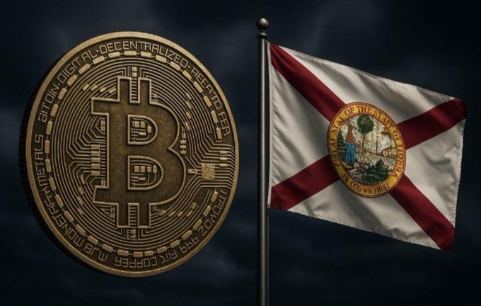 A golden Bitcoin coin engraved with "BITCOIN DIGITAL DECENTRALIZED PEER TO PEER" and "MJB MONETARY METALS" sits beside the Florida state flag, visually representing the proposed legislation to eliminate capital gains tax on Bitcoin in Florida.