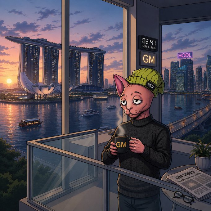 A hairless cat in a green beanie and "GM"-emblazoned sweater sips coffee on a balcony overlooking Singapore's Marina Bay Sands at dawn, with "06:47 SUN 17 AUG" and "GM" displayed on a digital sign and a "HODL" sign visible across the bay—perfectly capturing the relaxed "weekend mode" vibe of a crypto-style good morning greeting.