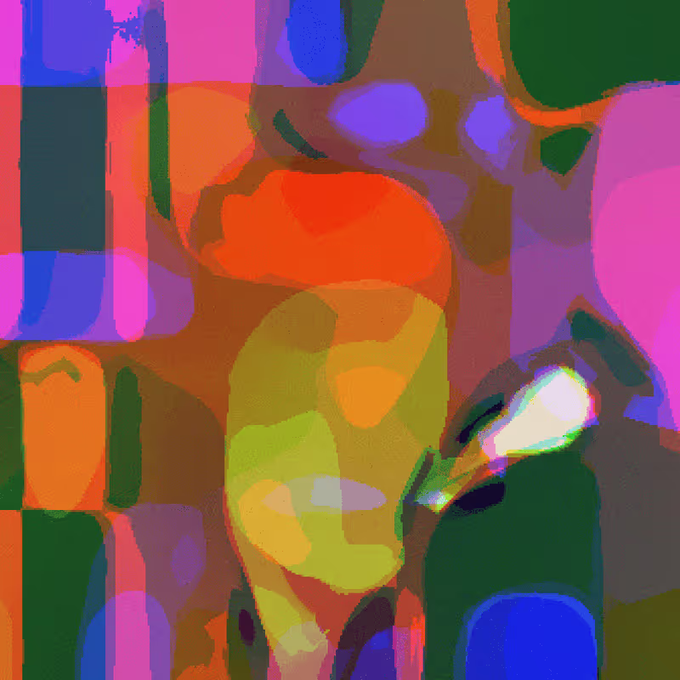 Abstract digital artwork featuring a stylized human face composed of colorful, blocky brushstrokes in shades of orange, yellow, green, pink, and purple.