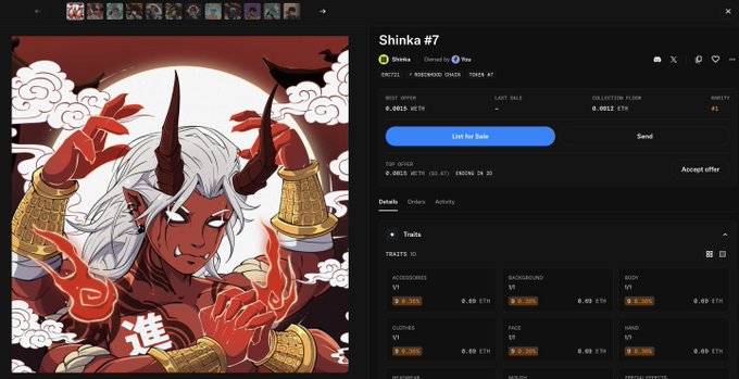 A dark-themed NFT marketplace page displays "Shinka #7" alongside an illustration of a horned oni-like character with white hair and red skin against a moonlit backdrop. The listing shows ownership details, a "Listed for Sale" button, and trait attributes including accessories, background, body, clothes, face, and hand, tying to the accompanying post about receiving this rare 1/1 NFT from the @ShinkaNFT project.