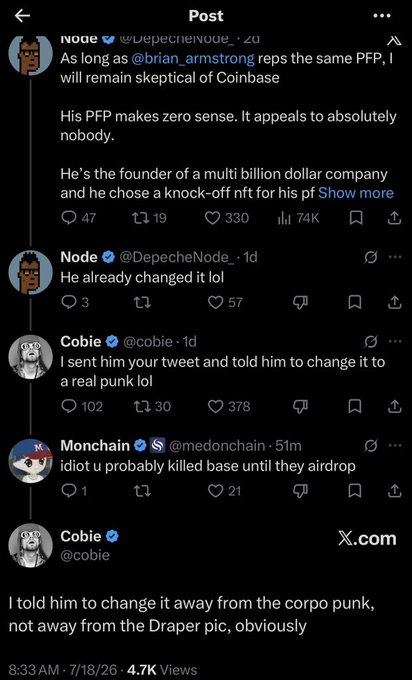 A screenshot of an X post thread showing @DepecheNode criticizing Coinbase's profile picture, @cobie claiming he told Brian Armstrong to change it, and @medonchain blaming Cobie for killing $BASE momentum. The thread shows 4.7K views and depicts a dispute over the Coinbase PFP change and its impact on Base B20, directly matching the accompanying post's criticism of @cobie damaging $BASE momentum.