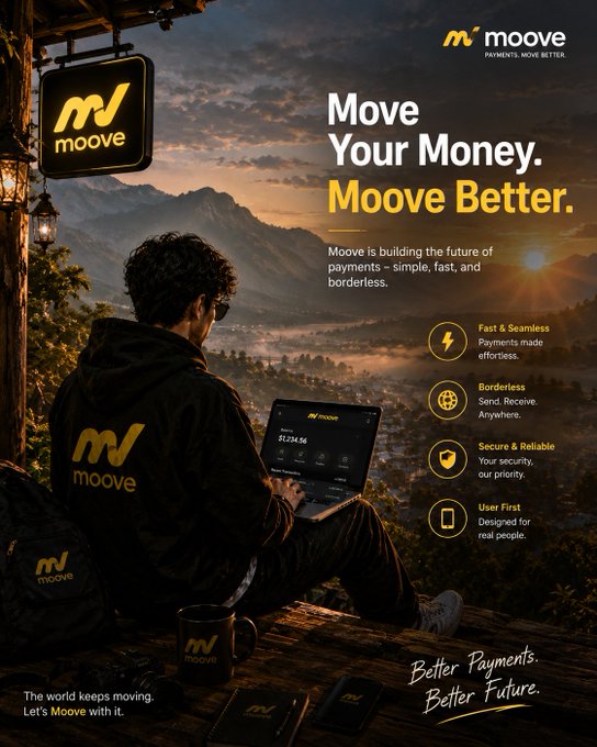A promotional advertisement for the Moove payment app showing a person using a laptop on a mountain overlook, with the tagline "Move Your Money. Moove Better." and features like Fast & Seamless, Borderless, Secure & Reliable, and User First.