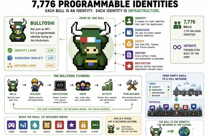 A pixel-art Bulltoshi infographic titled "7,776 PROGRAMMABLE IDENTITIES" presents the project as programmable on-chain identity infrastructure, detailing features like Identity, Saddlebag wallet, Assets, History, and Reputation layers alongside a flywheel diagram showing how builders, applications, users, and activity drive network growth.