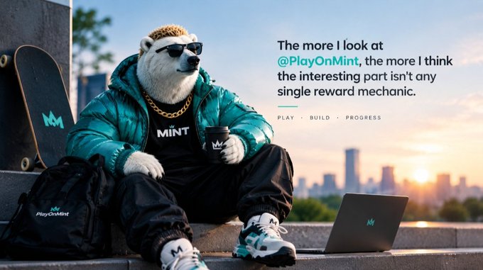 A promotional image for 'PlayOnMint' featuring a polar bear wearing sunglasses, a teal puffer jacket, and gold chains, holding a coffee cup while sitting next to a skateboard and laptop, with text stating 'The more I look at @PlayOnMint, the more I think the interesting part isn't any single reward mechanic.'