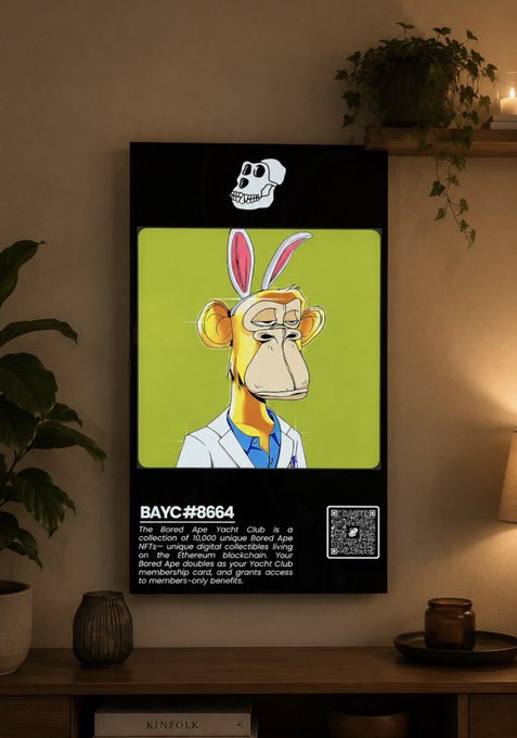 The image features a poster of an anthropomorphic monkey with rabbit ears, sitting on top of a wooden shelf against a wall. The poster has a black frame that contrasts with its colorful design. Below the monkey's head, there is a small white text box containing information about the poster and possibly some additional details or context related to the image.

The post includes a quote from the poster: "You don't choose your ape. Your ape chooses you @BoredApeYC". This message seems to be a commentary on the idea that we often find ourselves being influenced by others, even if they are not our true friends or companions. The monkey in the image appears to represent this concept, as it is depicted with rabbit ears and sitting on top of a shelf, seemingly waiting for someone to join it.
