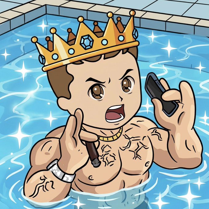A cartoon illustration of a muscular man wearing a gold crown with jewels, a gold chain, and a diamond-encrusted watch, sitting in a sparkling blue pool while holding a cigar and a black smartphone.