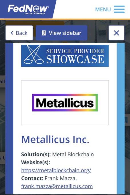 A mobile screenshot of a FedNow Service Provider Showcase page featuring Metallicus Inc., which offers the Metal Blockchain solution, with contact details for Frank Mazza at frank.mazza@metallicus.com and a website link to https://metalblockchain.org/. The image appears unrelated to Vale (the mining company), suggesting the commenter is pointing out that despite the "Metal" blockchain connection, this showcase entry has nothing to do with Vale.