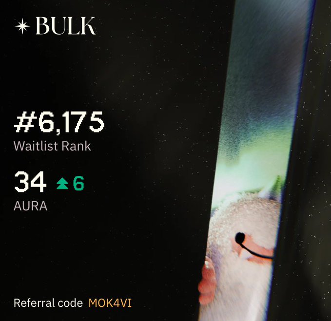A user shares their Bulk trading dashboard showing a waitlist rank of #6,175 and 34 AURA tokens (up 6 this week), alongside a referral code "MOK4VI." The image illustrates their weekly AURA earnings claimed in their post about continuing AURA farming through Bulk Trade.