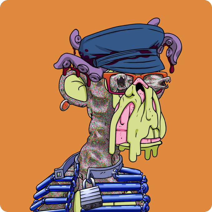 A cartoon illustration of a grotesque zombie-like character wearing a police hat, sunglasses, and a chain belt with a padlock on an orange background.
