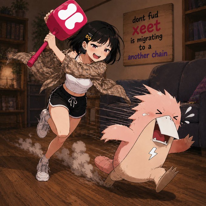 The image features a girl running with a red toy bat, while holding a pink object that appears to be a toy sword or bat. The background shows a living room setting with a couch and several books scattered around. There's also an illustration of a person holding a sword in front of the girl, which is connected to the post by a line of text.