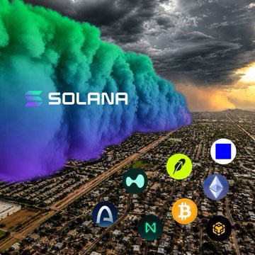 A stylized digital collage features the Solana logo prominently displayed over a massive rainbow-hued smoke plume that appears to be sweeping across an aerial cityscape. Scattered cryptocurrency logos, including Bitcoin, Ethereum, Cardano, and others, float above the city, tying the image to the post announcing a giveaway of free $L20 tokens in a Solana-related space.