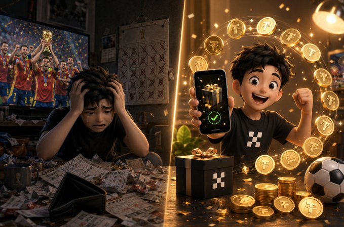 A split illustration contrasting a frustrated young man surrounded by soccer betting slips and trophies on the left with a happy boy holding a phone showing successful trades with floating Tether (USDT) coins on the right.