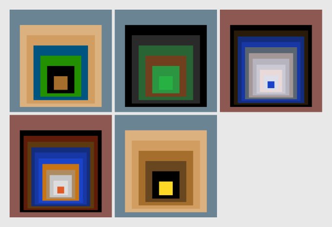 Five colorful nested square patterns displayed in a grid arrangement, echoing the geometric, minimalist aesthetic of the "Homage to the Punk" NFT collection by artist 0x4b49...8ee5. The concentric squares in varied palettes create a pixel-art style reminiscent of the iconic CryptoPunk squares it references.