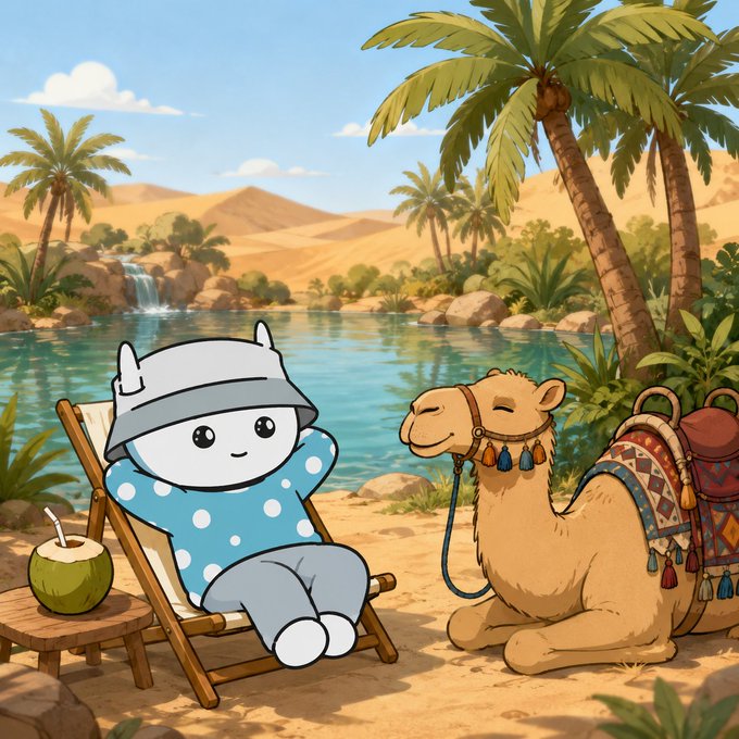 A cartoon illustration of a cute white character in a blue polka-dot shirt and bucket hat lounging on a beach chair beside a camel, with a desert oasis and palm trees in the background.
