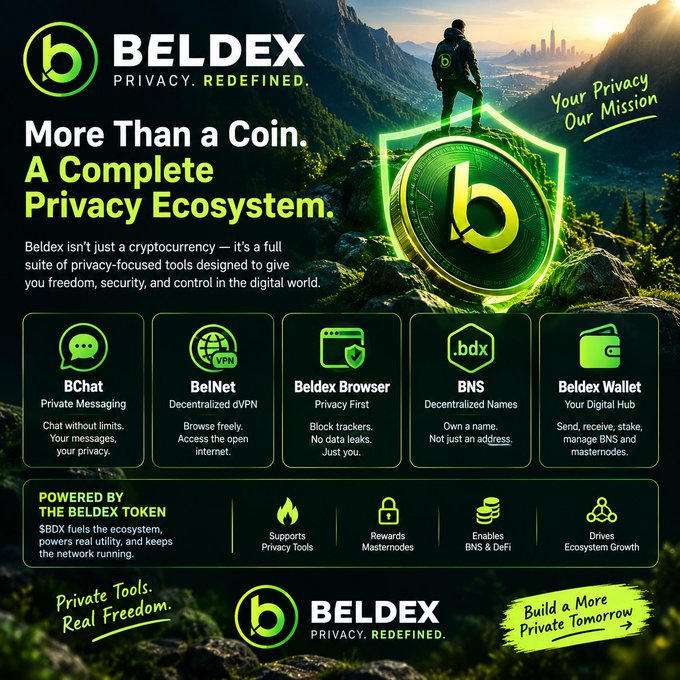 A promotional infographic for 'BELDEX' cryptocurrency, advertising it as 'More Than a Coin. A Complete Privacy Ecosystem' and highlighting features like BChat, BelNet, Beldex Browser, BNS, and Beldex Wallet.