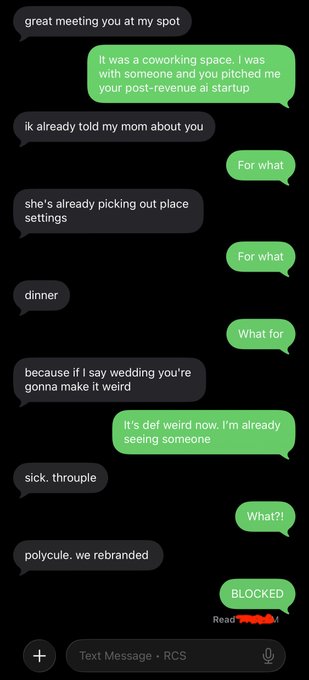 A screenshot of a text message conversation shows a humorous exchange where a match's mother is already planning wedding and dinner details despite the meeting just happening, escalating to an absurd reveal that the person is in a "polycule" before ultimately getting blocked. The chat humorously reflects the "weird" San Francisco dating culture mentioned in the caption, highlighting how Jenny encountered one of the city's famously unconventional relationship dynamics firsthand.