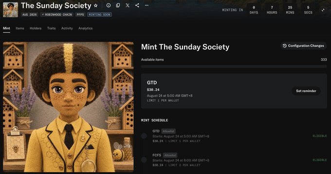 A webpage shows the NFT collection 'The Sunday Society' minting page featuring a character with a large afro and gold jacket.