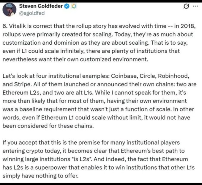 A screenshot of a tweet from Steven Goldfeder (@sgoldfed) discussing Ethereum's L2 strategy and institutional adoption by companies like Coinbase, Circle, Robinhood, and Stripe.