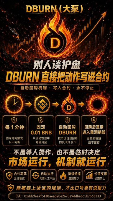 A Chinese-language promotional poster for 'DBURN' featuring a flaming logo, illustrating a 4-step process of automatic token buybacks and burning on the BNB chain, with the tagline '别人谈护盘 DBURN直接把动作写进合约' and a contract address at the bottom.