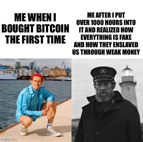 A two-panel meme showing the same man as a vibrant, smiling sailor in bright blue athletic wear in a colorful harbor setting on the left, captioned "ME WHEN I BOUGHT BITCOIN THE FIRST TIME," contrasted with the same man appearing as a graying, bearded lighthouse keeper in a black-and-white photo on the right, captioned "ME AFTER I PUT OVER 1000 HOURS INTO IT AND REALIZED HOW EVERYTHING IS FAKE AND HOW THEY ENSLAVED US THROUGH WEAK MONEY." The image humorously illustrates the post's claim that "bitcoin changes you if you keep digging" by visually representing a transformation from naive optimism to a darker, disillusioned worldview after deep research.