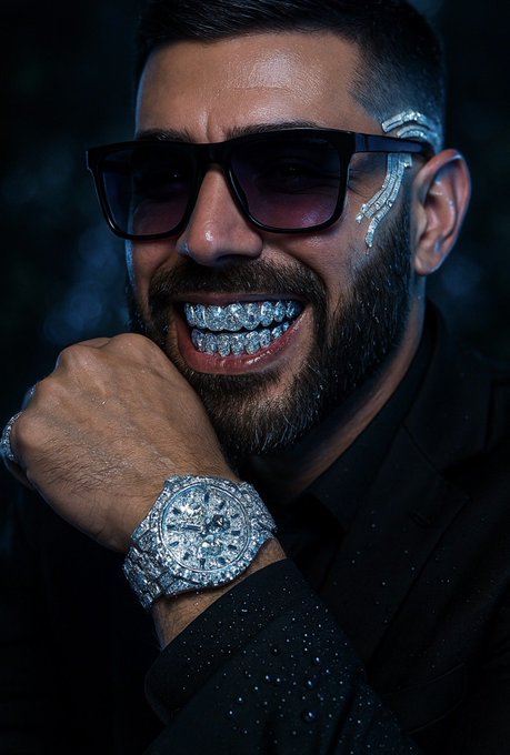 A portrait of a bearded man smiling, wearing dark sunglasses, a diamond-encrusted watch, and decorative diamond accents on his face and teeth.