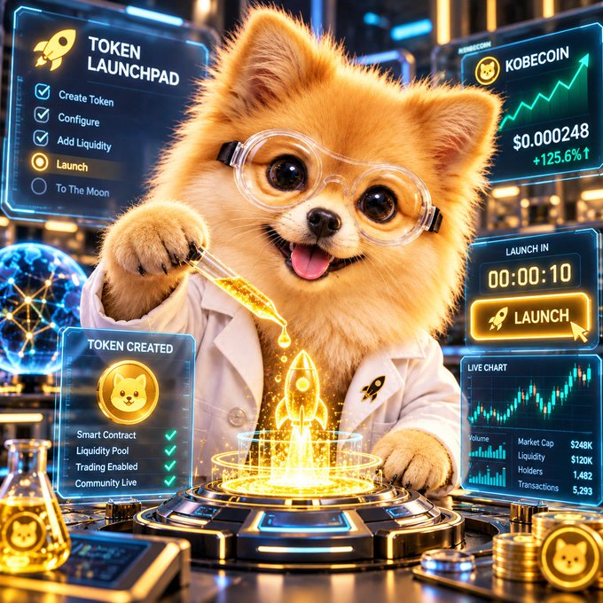 A digital illustration of a Pomeranian dog wearing glasses and a lab coat, working on a 'TOKEN LAUNCHPAD' to create a 'KOBECOIN' token.