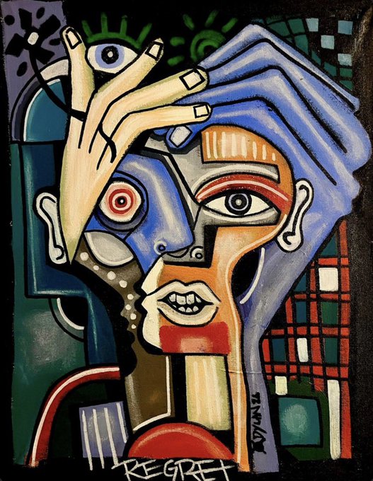 A colorful abstract painting in a Picasso-like cubist style depicts a fragmented face with blue hair, multiple eyes, and large hands, with the word 'REGRET' written at the bottom.