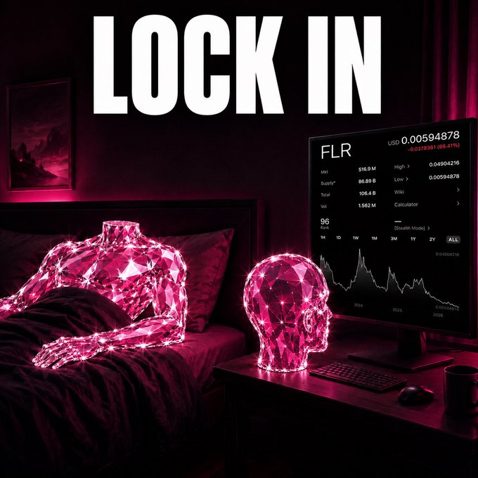 A motivational 'LOCK IN' graphic with pink/magenta lighting featuring a diamond/crystal figure sitting on a bed next to a monitor displaying FLR (Flare) token price data.