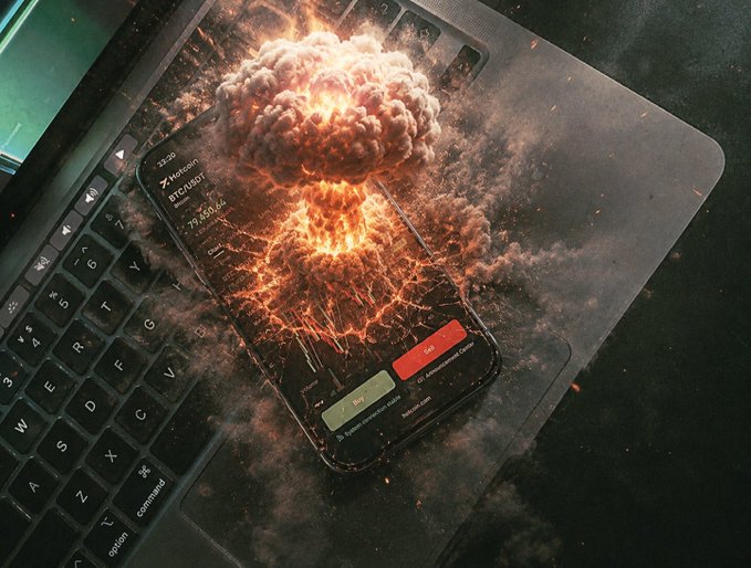 A smartphone resting on a laptop keyboard is engulfed in a fiery explosion, its screen showing what appears to be financial or trading data. The dramatic imagery of the burning phone visually mirrors the post's warning about the Federal Reserve's hawkish stance, symbolizing the "explosive" economic uncertainty as inflation remains high and rate cuts become harder to achieve.