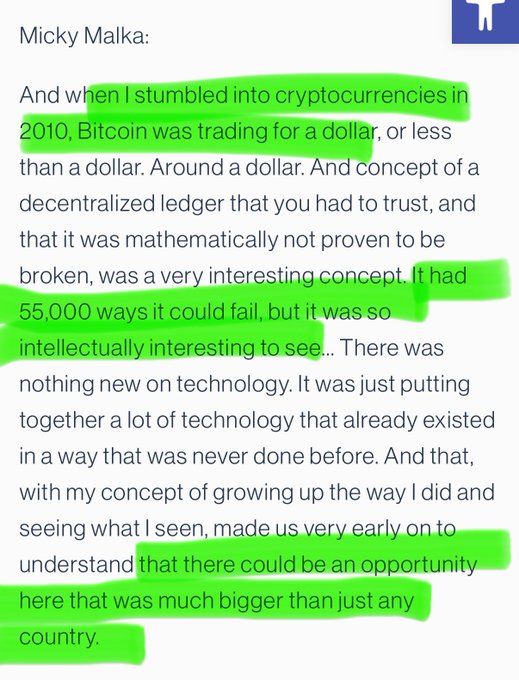 A highlighted quote from Micky Malka about stumbling into cryptocurrencies in 2010 when Bitcoin was trading around a dollar, finding the decentralized ledger concept intellectually interesting despite many ways it could fail.