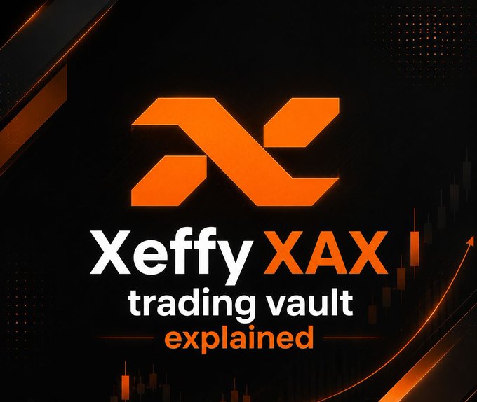 The image features a dark background with an orange logo shaped like an x above it, accompanied by the text "XEFFY XAX Trading Vault Explained" written below. The logo and text are aligned, creating a cohesive visual representation of what the trading vault is all about.