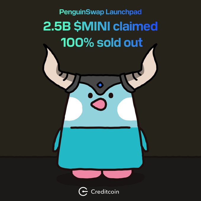 An illustration of a blue cartoon penguin character wearing a viking helmet, advertising 'PenguinSwap Launchpad 2.5B $MINI claimed 100% sold out' with the Creditcoin logo.