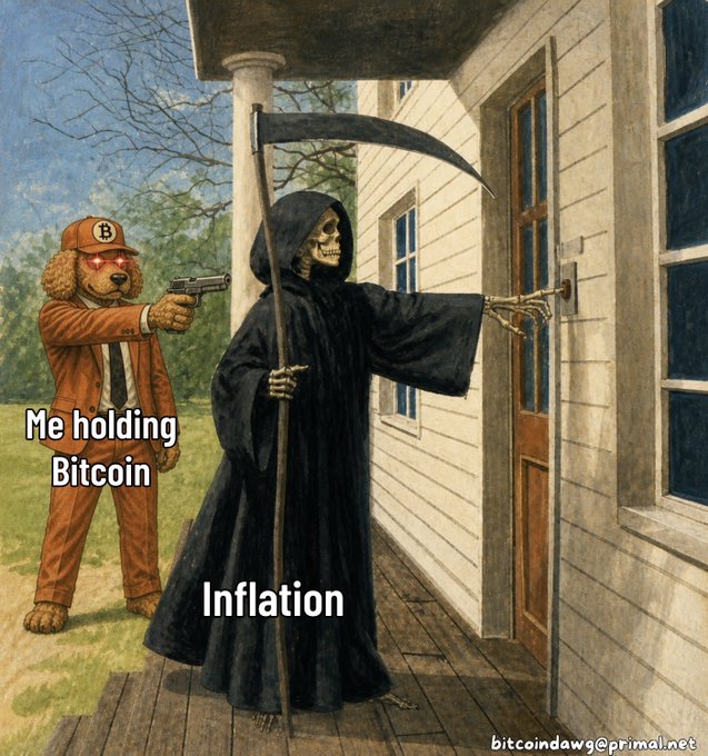 A meme showing a poodle in a suit holding a gun, labeled 'Me holding Bitcoin,' aiming at a Grim Reaper labeled 'Inflation' as it opens a door, with the watermark 'bitcoindawg@primal.net'.