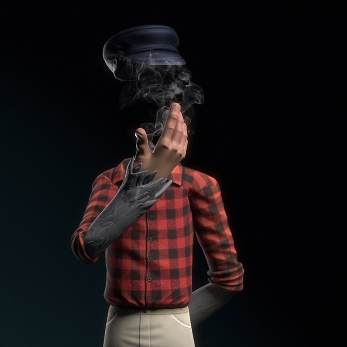 A surreal 3D artwork of a figure in a red plaid shirt with a smoke-filled head, holding up a hand against a black background.