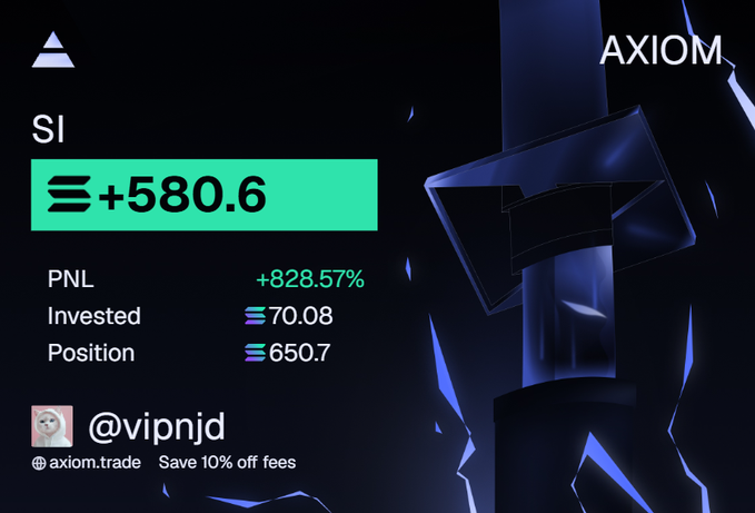 A promotional image for Axiom.trade showcasing a profitable trade on the ticker SI with a +580.6 gain and +828.57% PNL on a 70.08 investment, credited to user @vipnjd, which accompanies a giveaway post celebrating the trade and offering $200 to 4 followers who engage with the tweet.